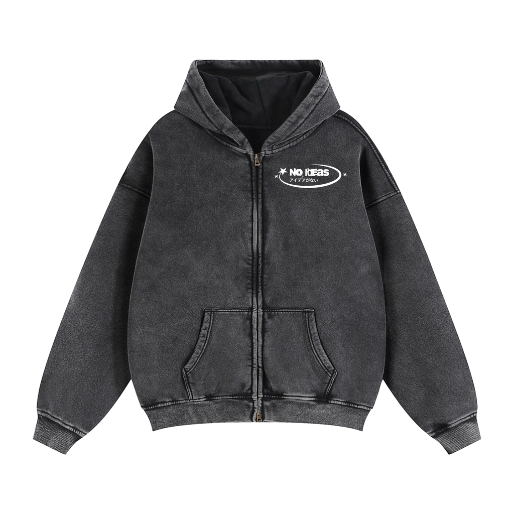 Zip-Up Boxy Hoodie - Snow Washed Black