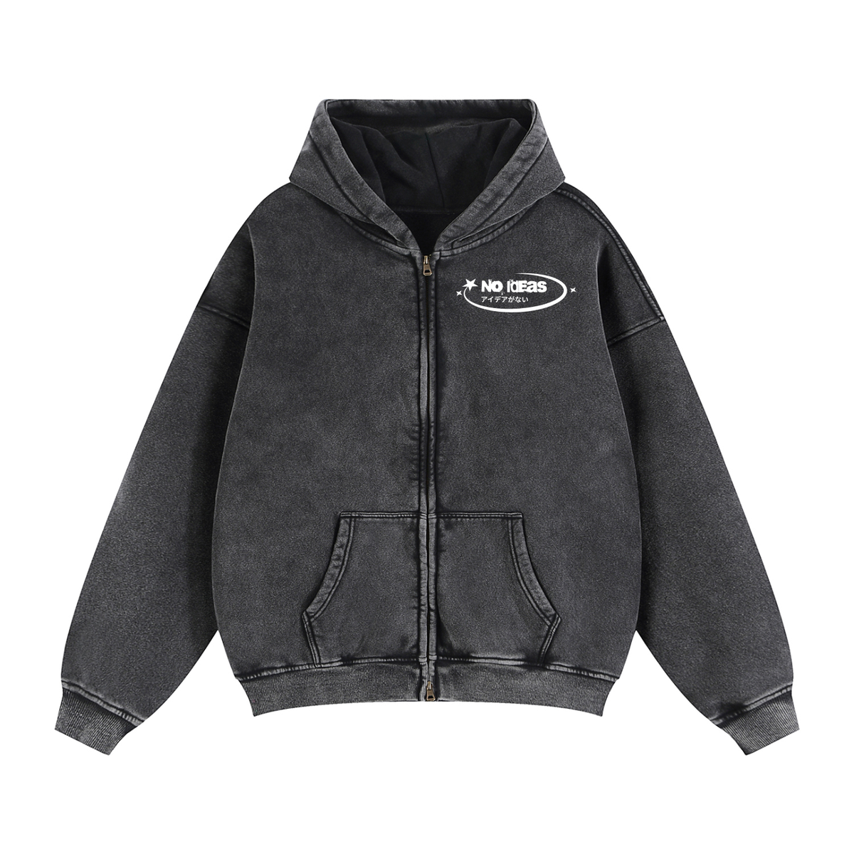 Zip-Up Boxy Hoodie - Snow Washed Black