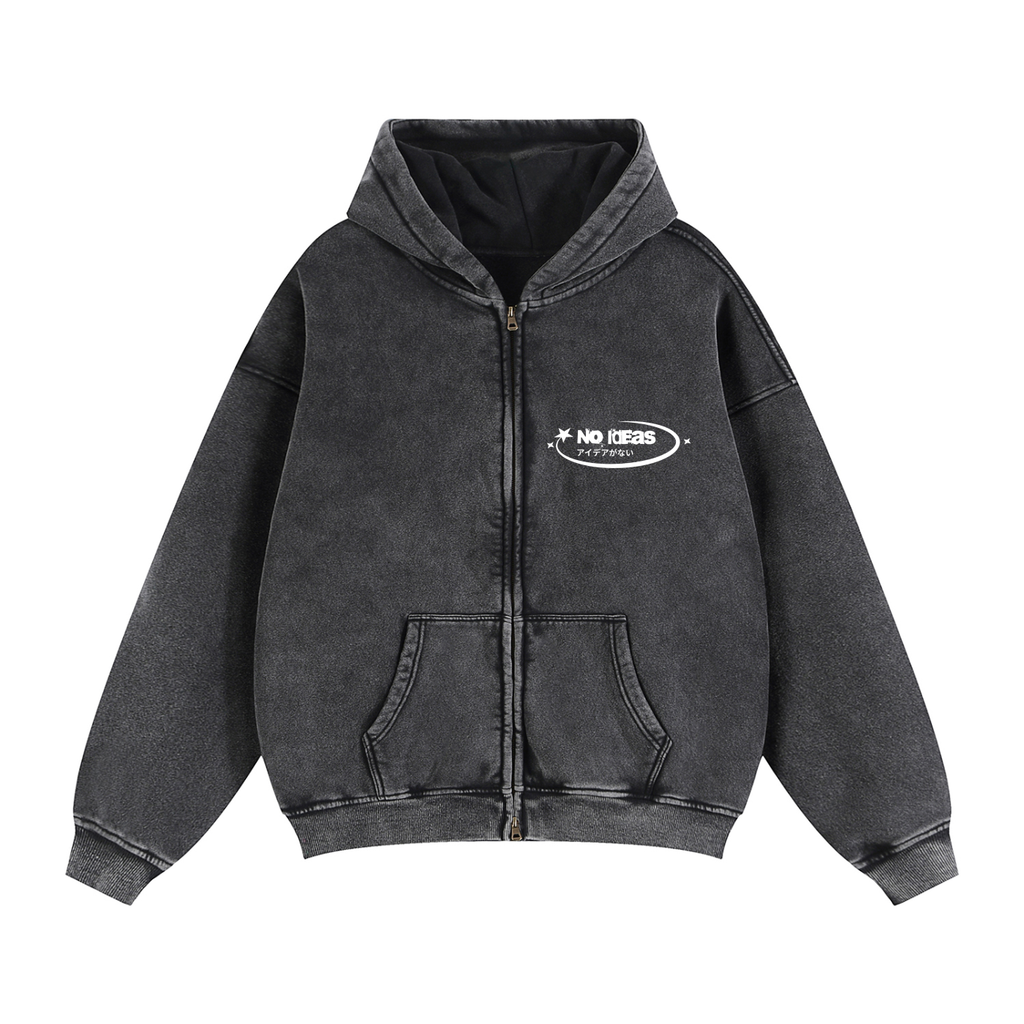 Zip-Up Boxy Hoodie - Snow Washed Black