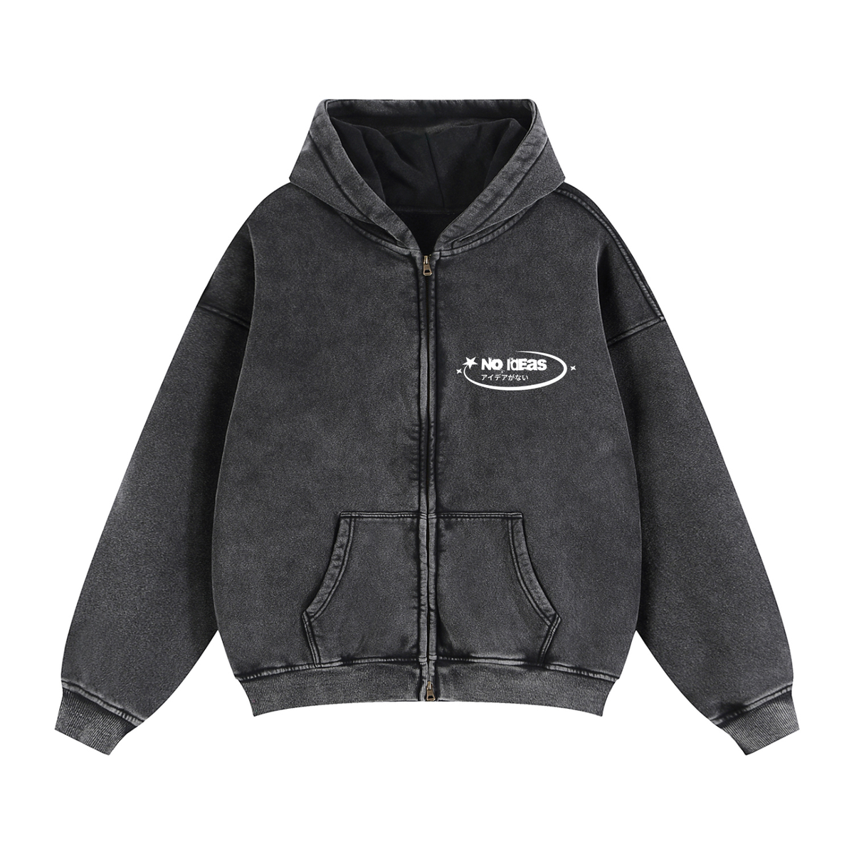 Zip-Up Boxy Hoodie - Snow Washed Black